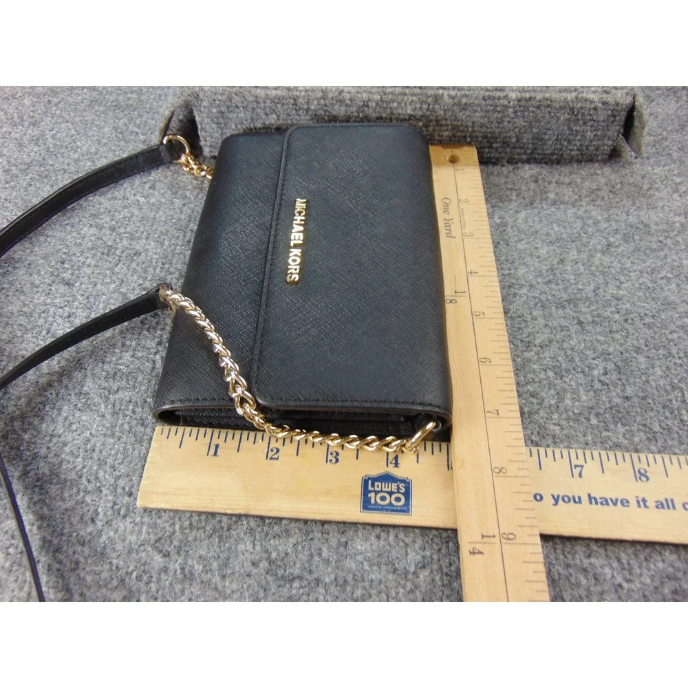 Michael Kors Crossbody Wallet Bag‎ Black Saffiano Gold Chain Designer Minimalist